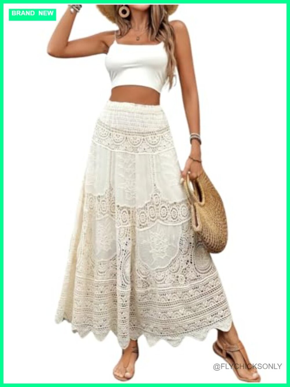 Floral Embroidered Knit Maxi Skirt Lace Crochet Eyelet Elastic Waist Flared